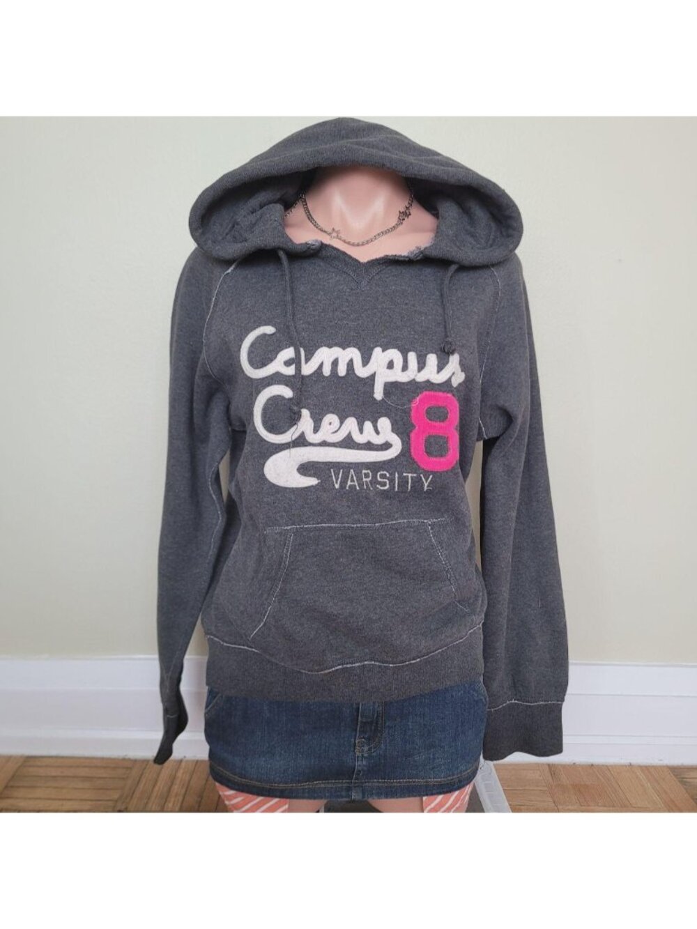 Campus Crew Cotton Grey V-Neck Oversized Embroidered Hoodie (XL)